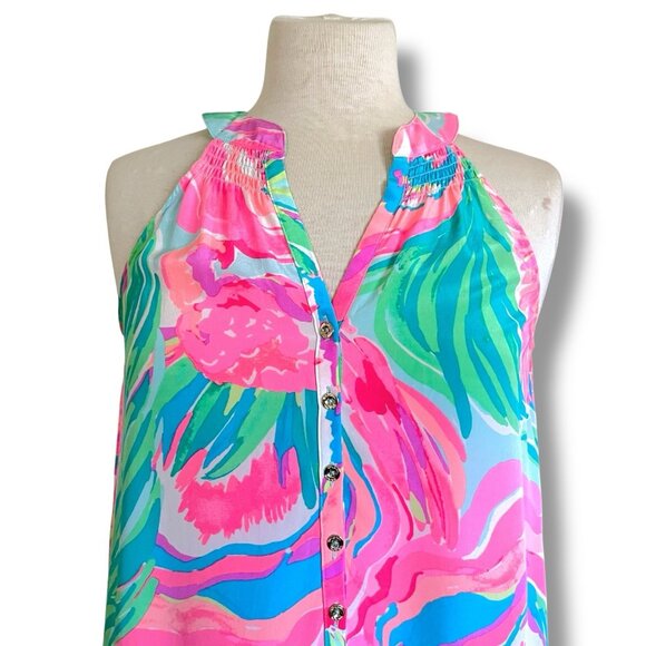 Lilly Pulitzer Womens Bailey Dress Sz Small Pink Green Blue Silk Midi Sundress - Picture 4 of 10